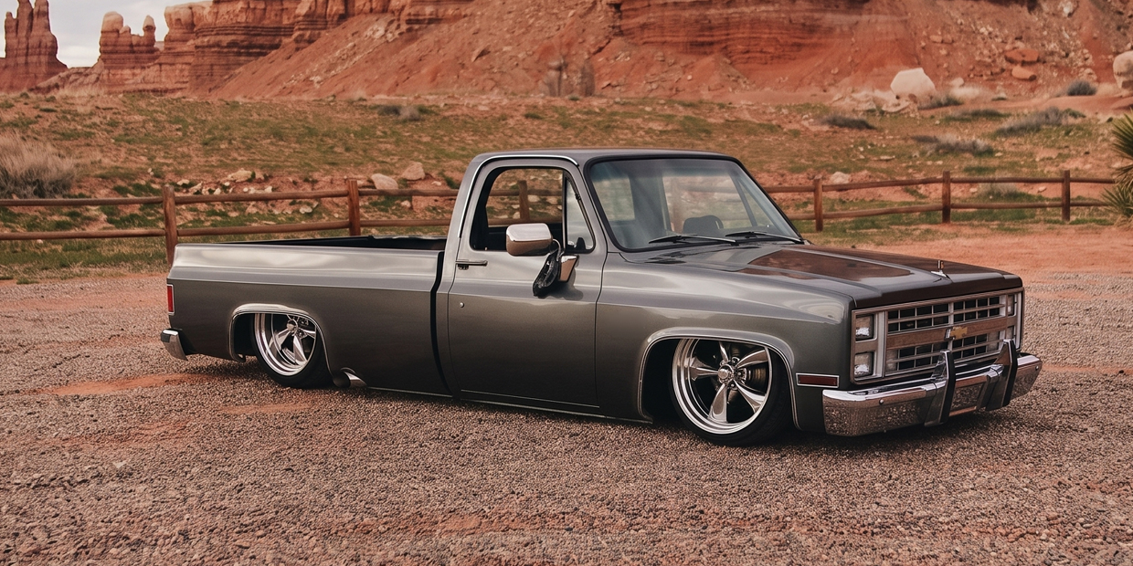 silver chevrolet c10 3rd gen lowered on air suspension with aftermarket wheels