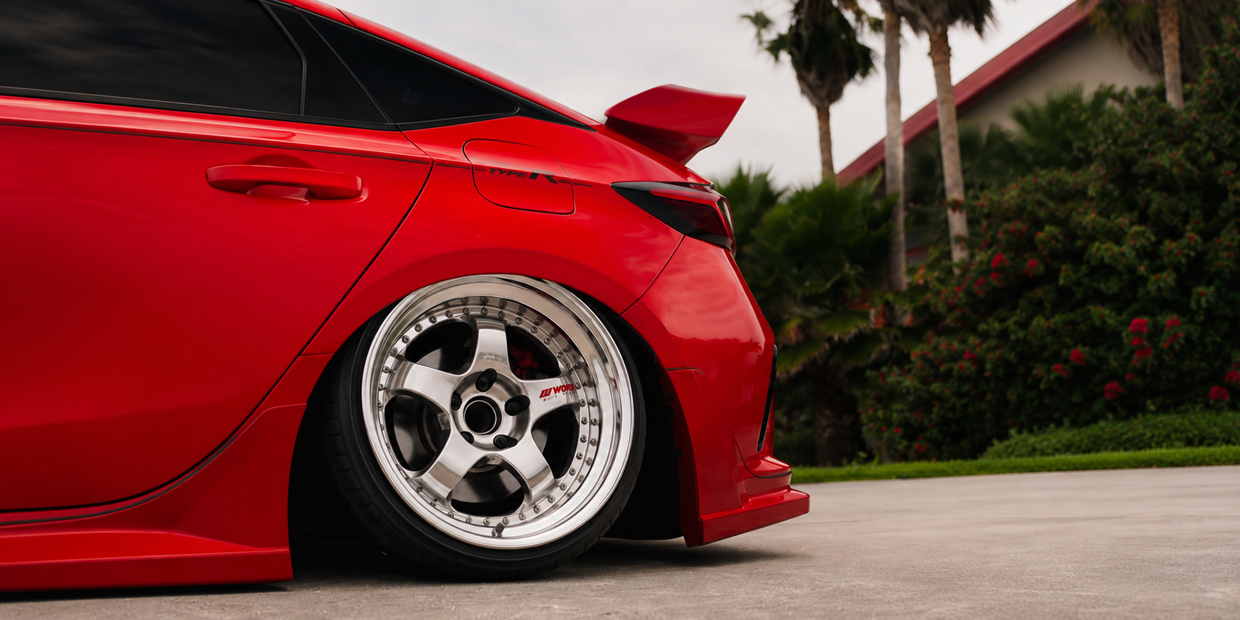 Honda vehicle lowered on air suspension with aftermarket wheels